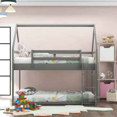 Twin Over Low Bunk, Gray - Imaginative House Bed For Peaceful Rest With Bunk Twin, House-Shaped Sleep