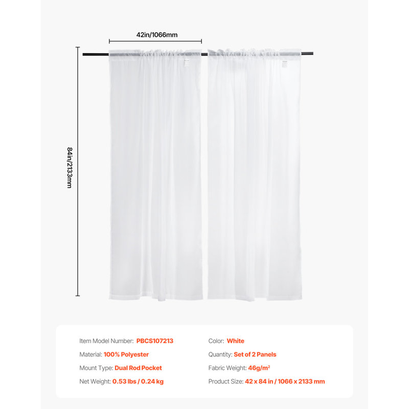 Paire de rideaux transparents 2 panneaux, L 42 po x L 84 po