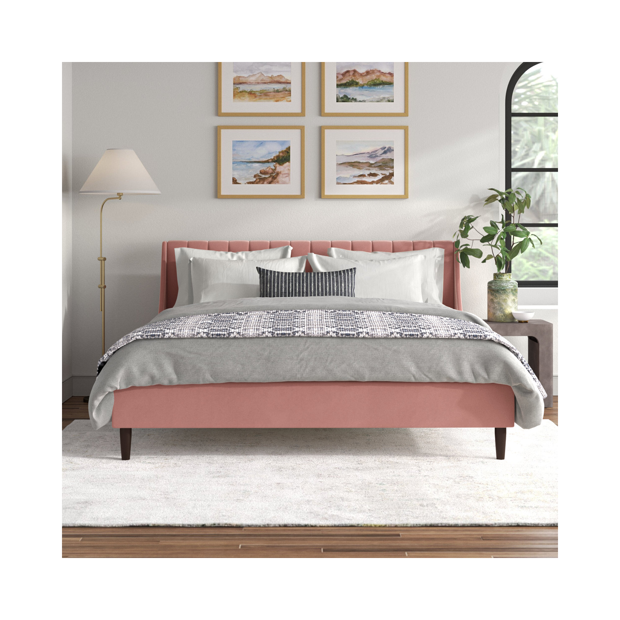 Helaina Upholstered Wingback Bed, Ash Rose Velvet, Queen
