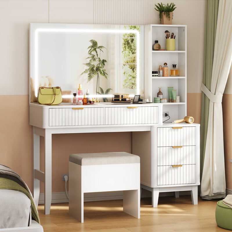 Makeup Vanity Set with Large LED Mirror & Usb Power Outlet,  Luxury Vanity Table with 5 Drawers, Glass Top and Adjustable Lighting