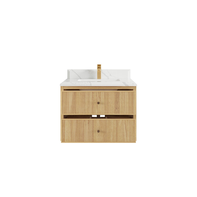 Sonoma Floating Teak 30'' Single Bathroom Vanity with Quartz Top, Calacatta Laza