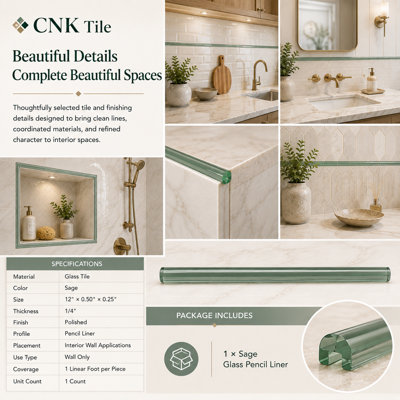 CNK Tile Sage Glass Pencil Liner - Cylindrical Green Glass Trim - 1/8" To 1/4" For Kitchen Bathroom Backsplash & Floor – Durable Easy Maintenance Elegant Accent For Interior Design – Pack Of 1