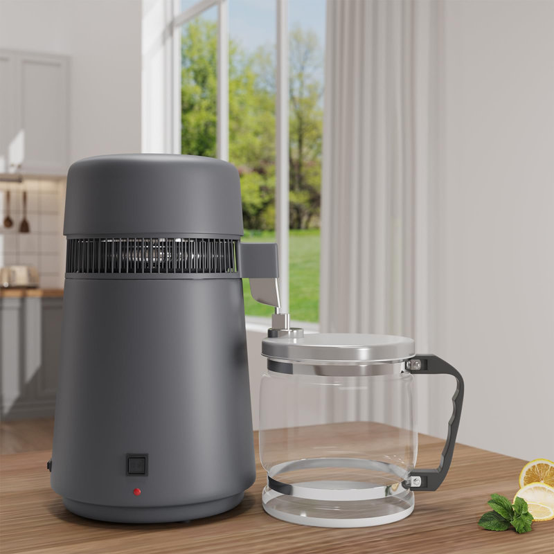 Countertop Water Distiller 4L, 750W Stainless Steel Distilled Water Maker - Digital Display & Timer - Glass Jug, Metallic Gray - 750W 4L Metallic Gray Glass Pot