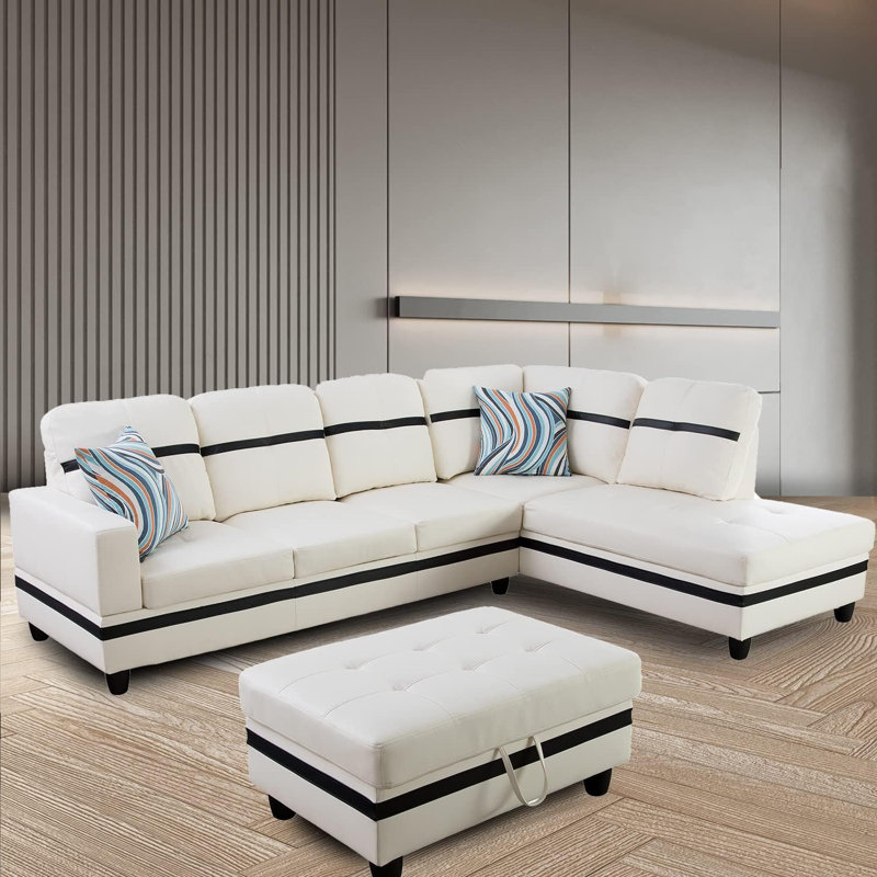 3 - Piece Semi Pu Synthetic Leather Sectional, White/Black/Black Faux Leather