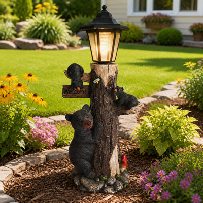 Statue d'ours noir signe de bienvenue statue de jardin avec lumière solaire, famille d'ours en résine de 19 pouces sur arbre, décoration d'ours en plein air pour la cour, le jardin, la pelouse, la cour, cadeau parfait pour l'Action de grâce, Noël, M