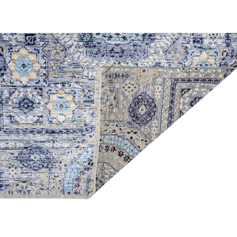 Hand-Knotted Wool/Silk Floral Area Rug in Beige/Gray/Blue, Rectangle 9' x 12'