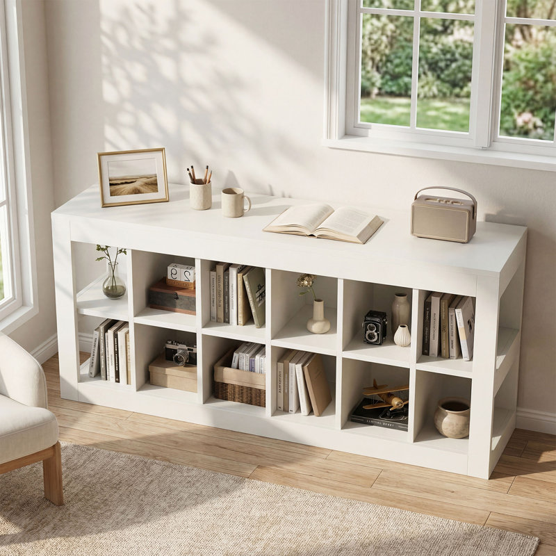12-Cube Storage Bookcase, Low Cube Organizer Shelf, 52.36"W x 13.78"D x 21.26"H, White