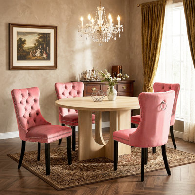 5 Pieces Modern Farmhouse Round Dining Set with Mid-century High-end Tufted Dining Chair Set for 4
