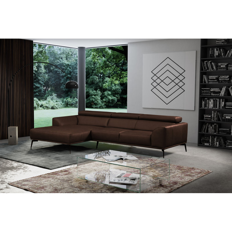 Blagovesta Genuine Semi-Aniline Leather Corner Sofa with Upholstered Frame, Choco, Left Hand Facing