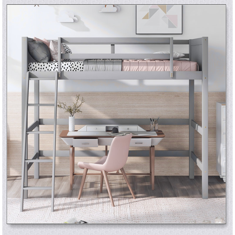 Solid Wood Loft Bed With Ladder, Gray