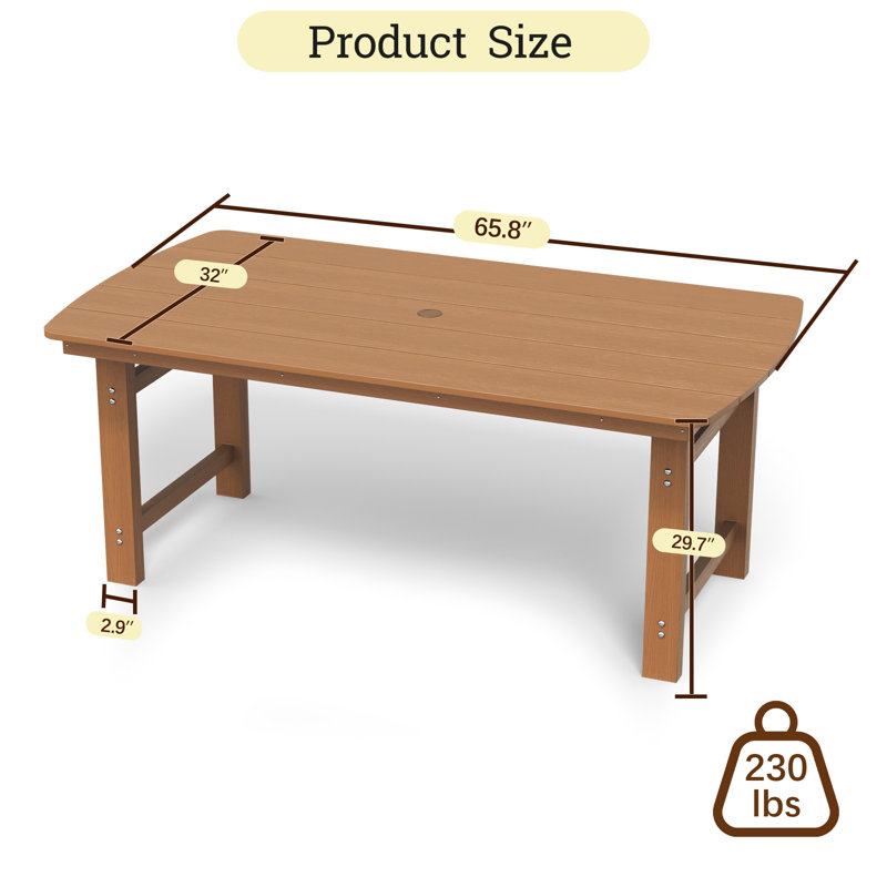 Table de salle à manger rectangulaire en PEHD de 65,8 po, convient à une utilisation intérieure et extérieure, Teck
