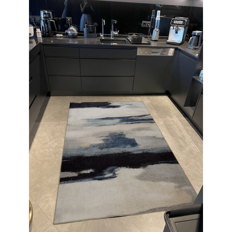Tapis décoratif moderne beige et bleu à motifs abstraits, Tapis de couloir 3 pi 9,81 po x 6 pi 6,74 po