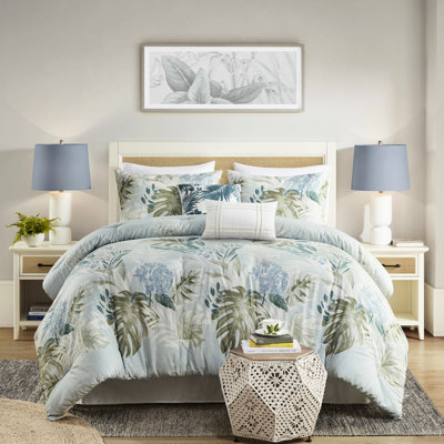Édredon double bleu avec 6 pièces et coussin décoratif - imprimé tropical pour une chambre sereine côtière, pièce lavable à la machine en coton dans une demeure chaleureuse
