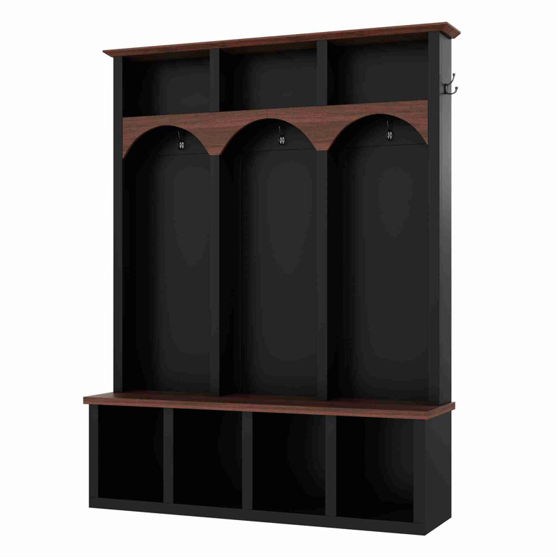 Wooden Hall Tree, Entryway Storage Bench with 5 Hooks and 7 Cubbies for Mudroom, Living Room, Black/Brown
