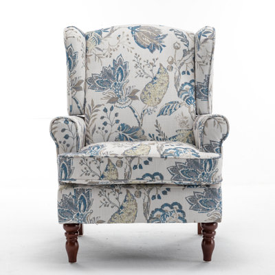 Modern Accent Chair With Retro Wood Legs, Comfy Upholstered Armchair, Floral Design Single Sofa Chair For Living Room Bedroom Office - Floral Blue