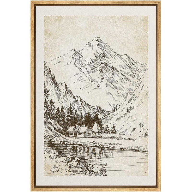 Maison de campagne rustique et lac sous la montagne, H 24 po x l 16 po, Naturel