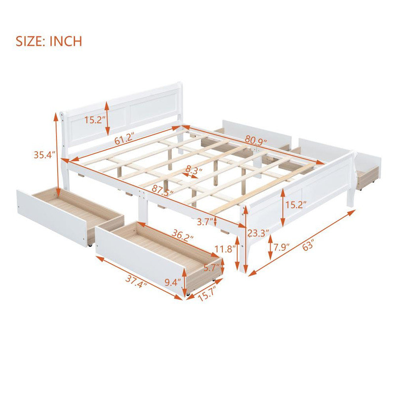 Lit plateforme en bois Alizia, 4 tiroirs, tête et pied de lit profilés, blanc , Grand