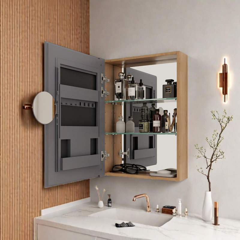 Armoire de toilette murale avec rangement, tablettes en verre réglables et porte à fermeture en douceur