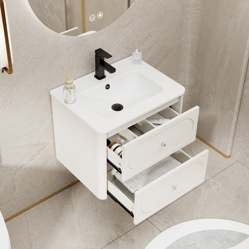 Meuble-lavabo mural de 61 cm (24 po) avec comptoir et robinet, peint à la main, résistant à l'eau, 2 tiroirs lisses et bords arrondis