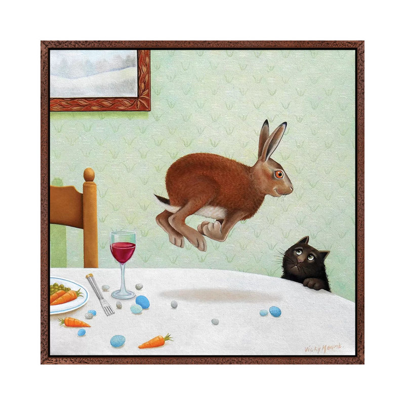 Here Hare by Vicky Mount - Floater Frame Gallery-Wrapped Canvas Giclée on Canvas, Classic Brown Wood Framed Canvas