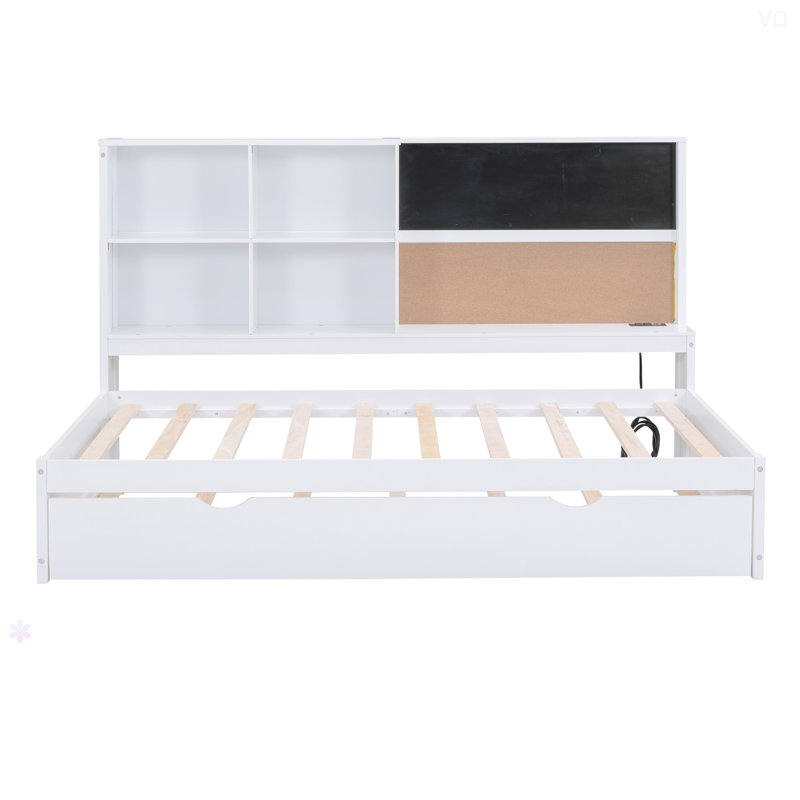 Daybed With Storage Shelves, Blackboard, Cork Board, USB Ports And Twin Size Trundle, Twin