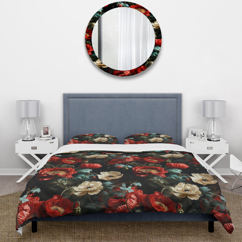 Literie florale rouge foncé et beige I, Housse de couette pour très grand lit et 2 très