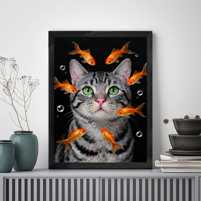 Art mural encadré noir avec chats rétro et poissons rouges, H 17 po x l 13 po