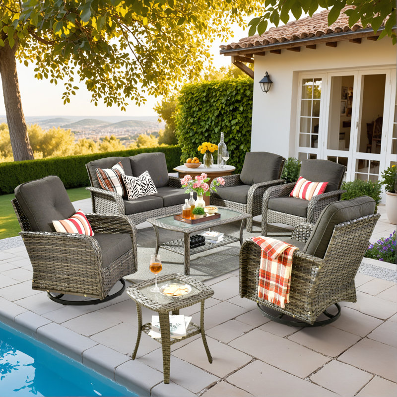 Allcot 6 - Person Wicker/Rattan Outdoor Loveseat Seating Group with Coffee Table and Cushions, All Weather Conversation Set for Garden Backyard