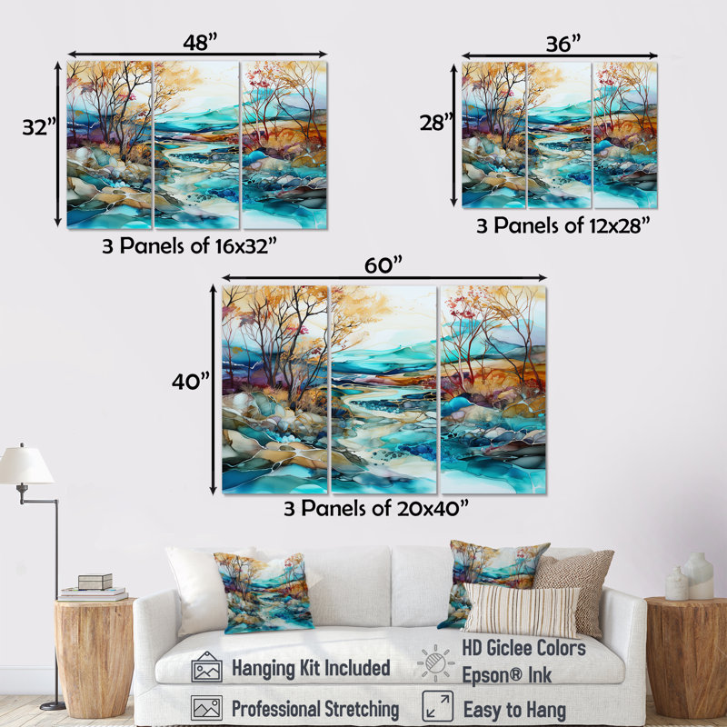 Ensemble de décorations murales paysage turquoise et brun, H 28 po x l 36 po x P 1 po, Toile tendue
