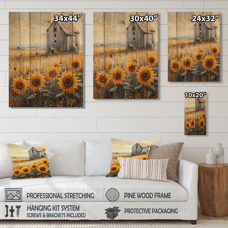 Sunflowers By The Grain Elevator - Impression de tournesols sur bois de pin naturel, H 44 po x l 34 po x P 0,78 po