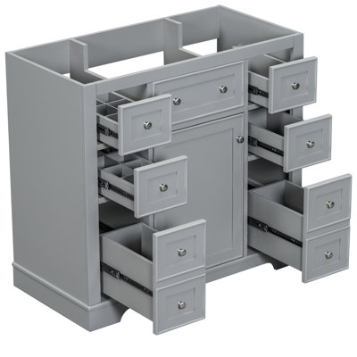 Base de meuble-lavabo de 36 po, gris. Un et six tiroirs. Bois véritable et résistant à l'eau et aux taches. Espace de rangement généreux. Conception moderne. Autoportant. Base à assembler requise dans de l'eau solide. Style.