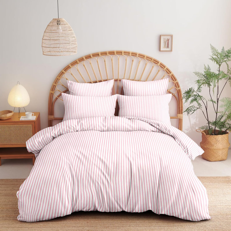 Ensemble de literie pour dortoir à rayures bleues et roses, Housse de couette double + 2 taies d'oreiller stan, Rose