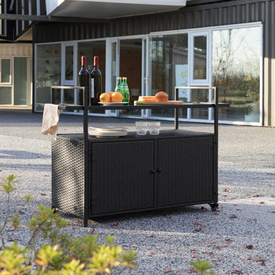 Outdoor Wicker Bar Cart, Patio Wine Serving Cart W/Wheels, Rolling Rattan Beverage Bar Counter Table W/Glass Top