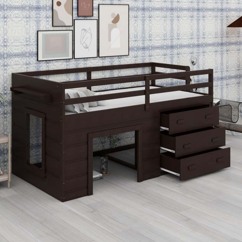 Lit mezzanine avec armoire intégrée et tablettes, Espresso