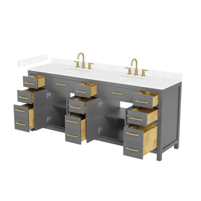 Beckett 84 Inch Double Bathroom Vanity in Dark Gray, Carrara Cultured Marble Countertop, Undermount Square Sinks (3-Hole), Brushed Gold Trim