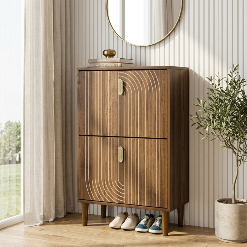 Shoe Storage Cabinet With 2 Flip Drawers,Free Standing Shoe  Cabinet With Metal Handles For Entryway,Shoe Rack Cabinet With Line Groove Design,23.6"W