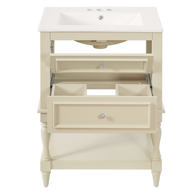 Meuble-lavabo de salle de bain 24 po avec lavabo en céramique, Beige, 24" W, Central