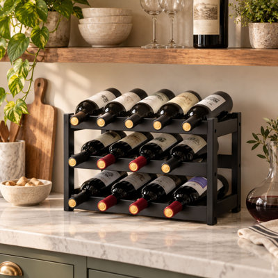 12 Bottle Bamboo Countertop Wine Rack with 3 Tier Storage Design, Black