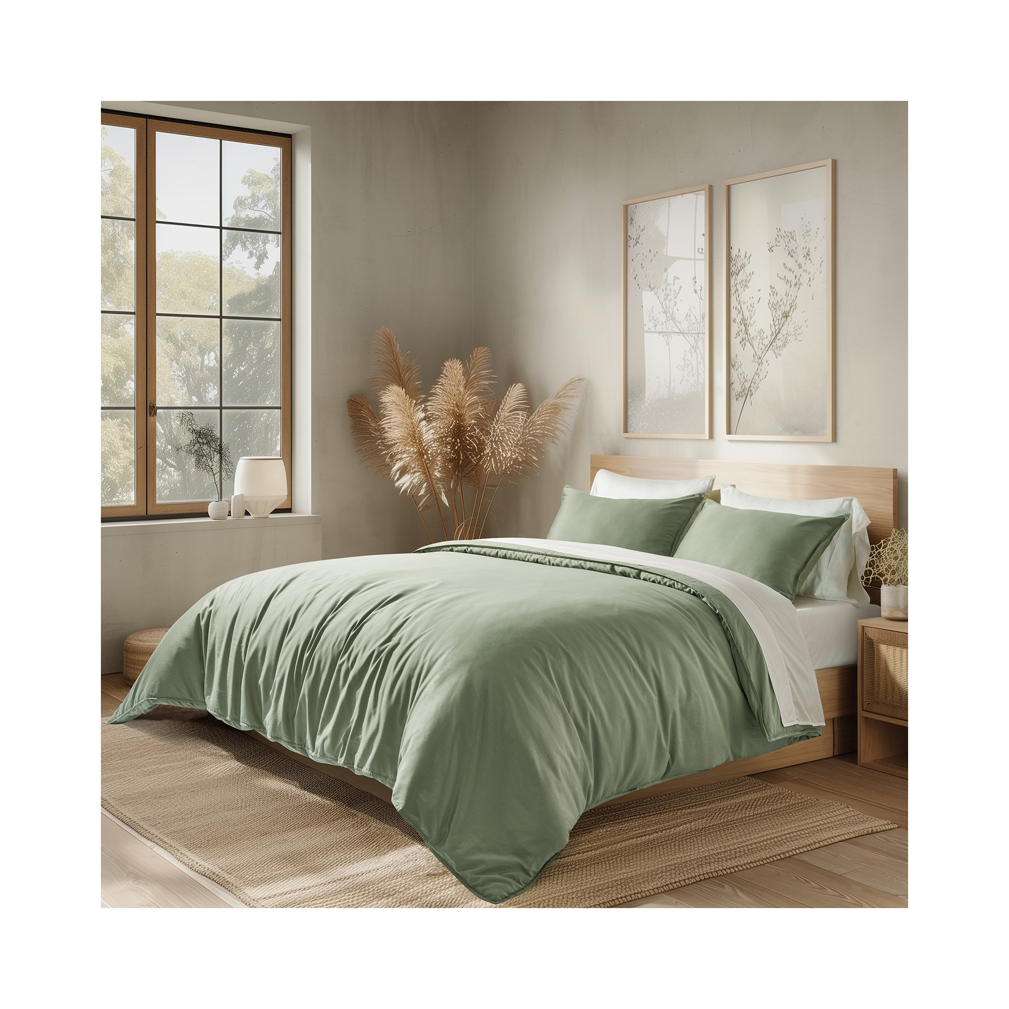 Cotton Tencel Duvet Cover Set, Sage Green, Queen Duvet Cover + 2 Queen Shams