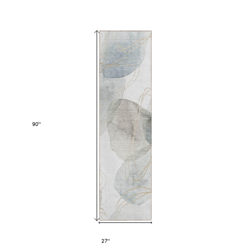 HomeRoots 8' Ivory Blue And Gray Abstract Washable Indoor Outdoor Runner Rug