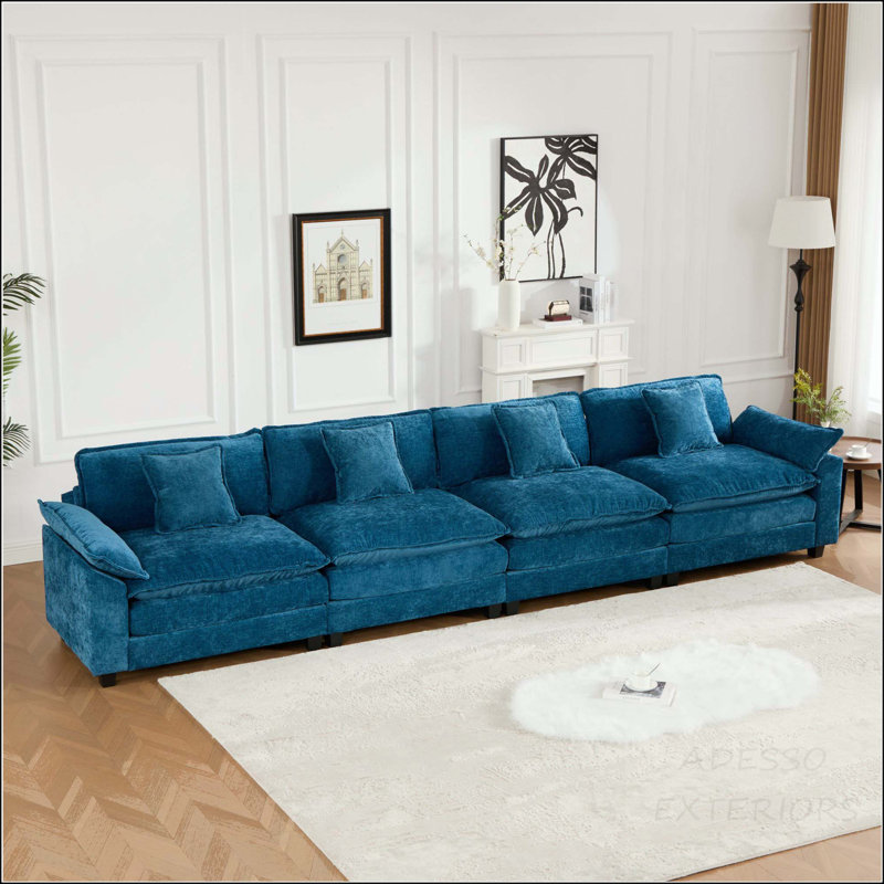 Canapé modulaire Cloud avec coussin double couche, 4 sièges, Chenille bleue