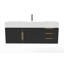 Meuble-lavabo mural simple 48 po avec comptoir à surface solide - base noire, plateau blanc, poignées dorées-435453707-508761565-508816260