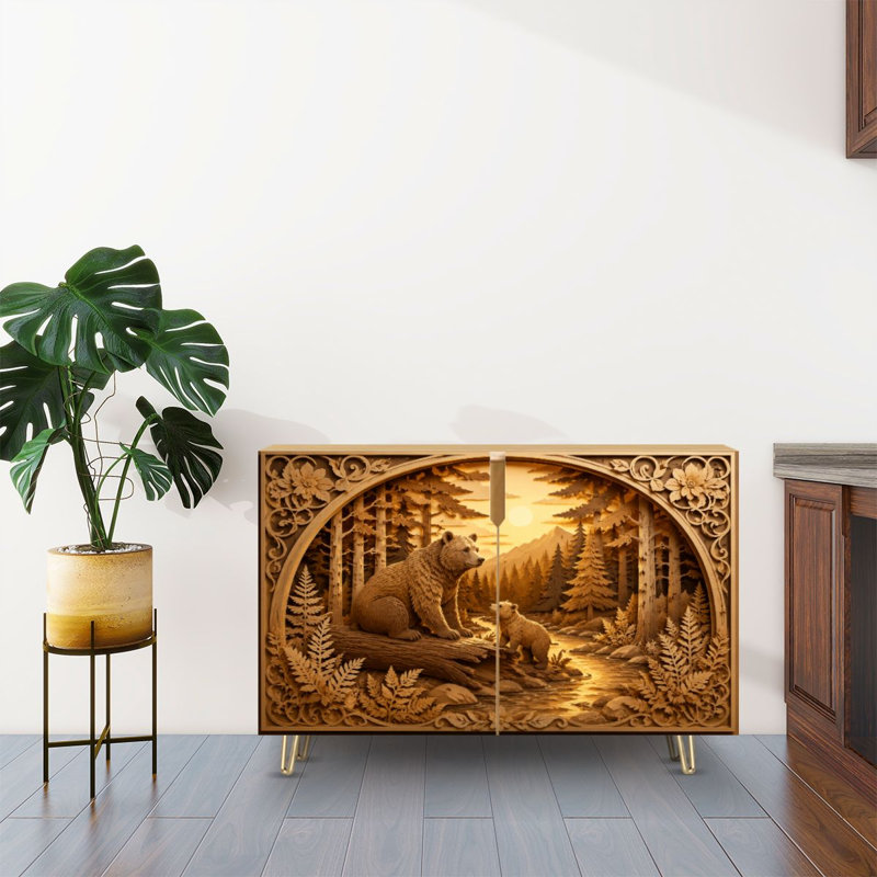 Buffet Buffet avec rangement en bois sculpté Bear Mother Cub Forest River Sunset Forest River Landscape avec 2 portes pour le salon et la cuisine