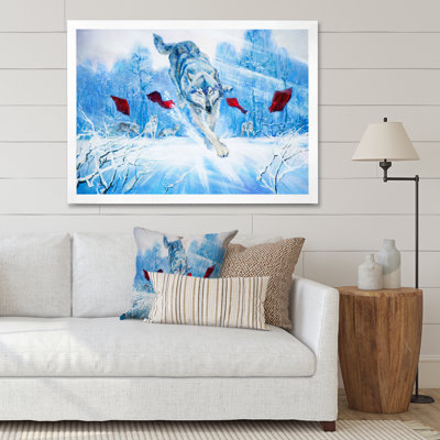 Paysage hivernal «Loup sautant» - peinture sur toile