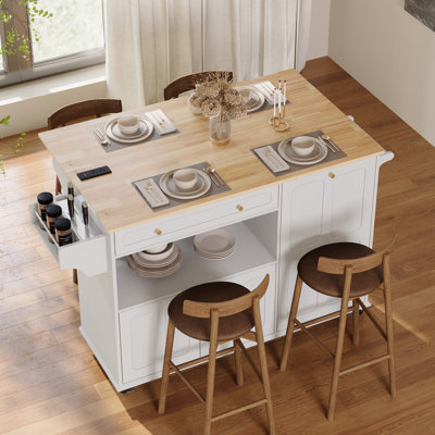 Îlot de cuisine moderne de style Mid-Century, 121 cm de large, sur roulettes, avec tiroir, tablette ouverte et espace de rangement pour les déchets.