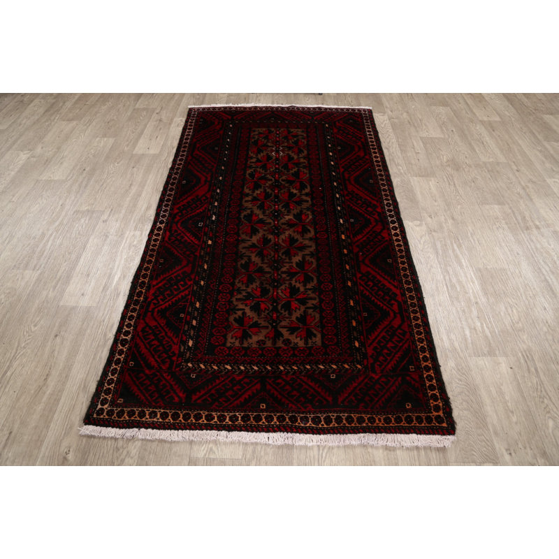 Tapis décoratif en laine de conception unique noué à la main rouge foncé de conception unique 3 pi 7 po x 6 pi 6 po Beeck