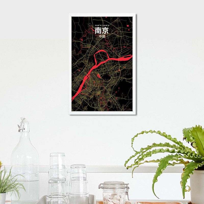 Nanjing (chinois traditionnel), impression de carte de la ville en contraste, H 17 po x l 11 po