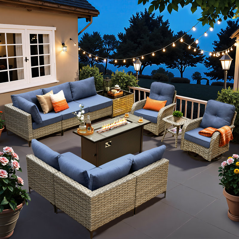 Sorella 11-Piece PE Wicker Outdoor Patio Furniture Set with 54" Propane Fire Pit Table & Solar-Powered Lighting, Dark Gray