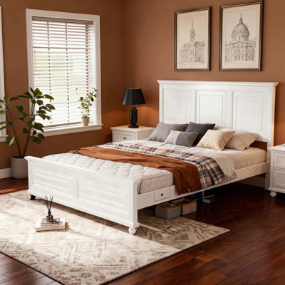 King Size Bed With Tall Headboard, And Footboard, USB Charging Station, Pinewood Bed with Strengthened Bed Frame,White