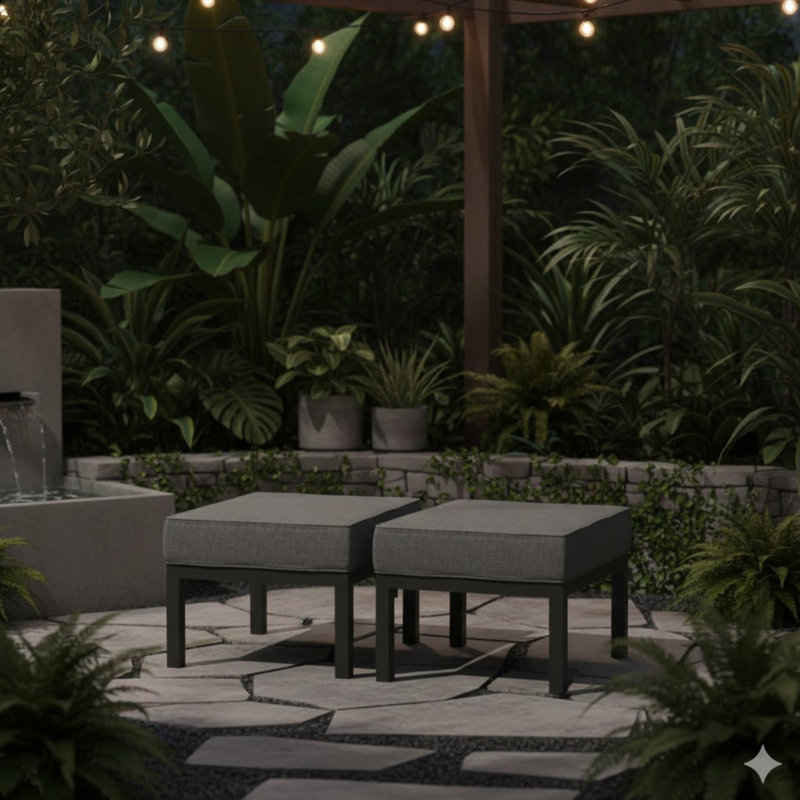 Set Of 2 24" Aluminum Patio Ottomans With Cushions, All-Weather Footrests, Black